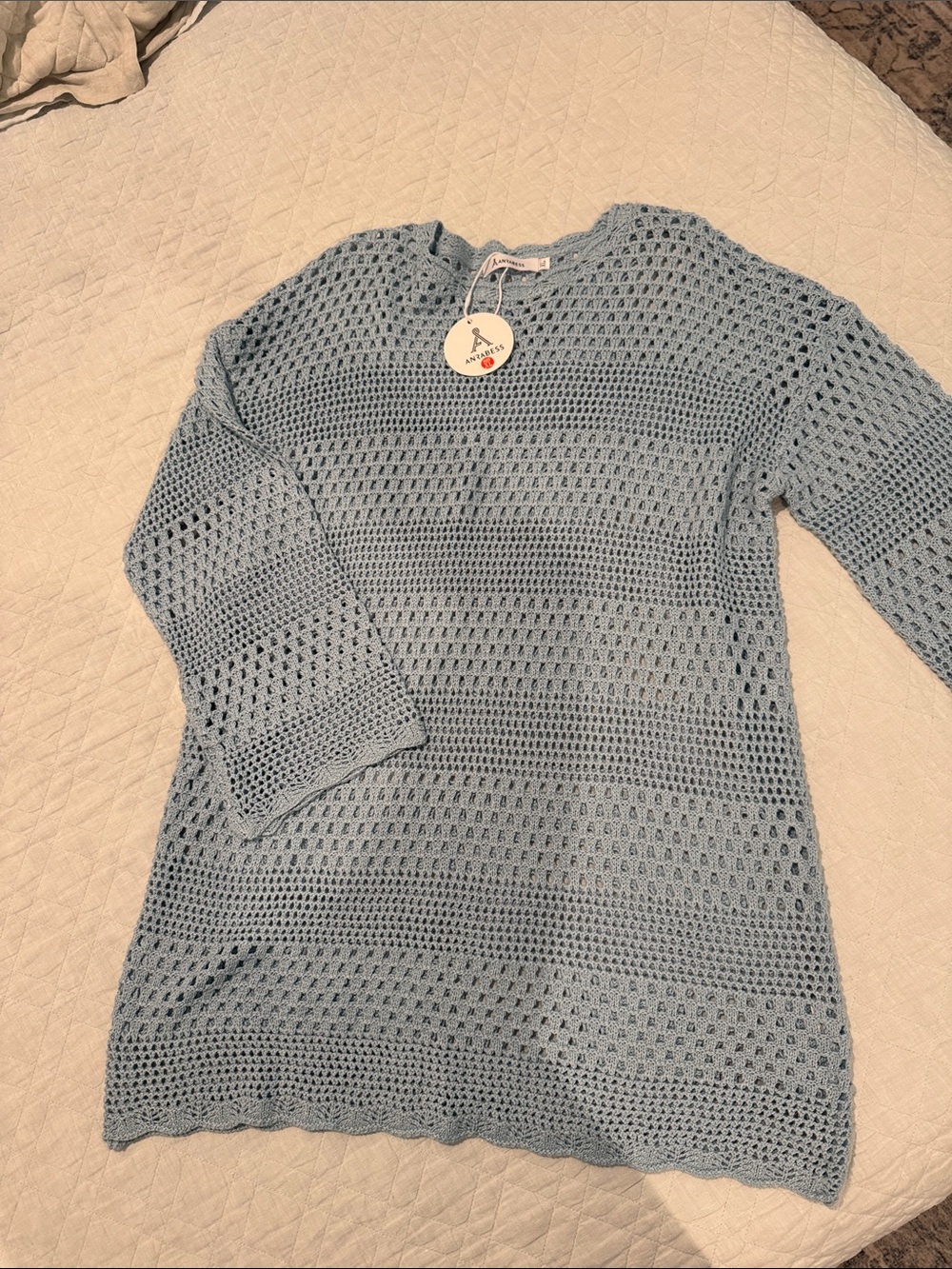 Light Blue Crochet Beach Coverup Tunic - Scoop Neck